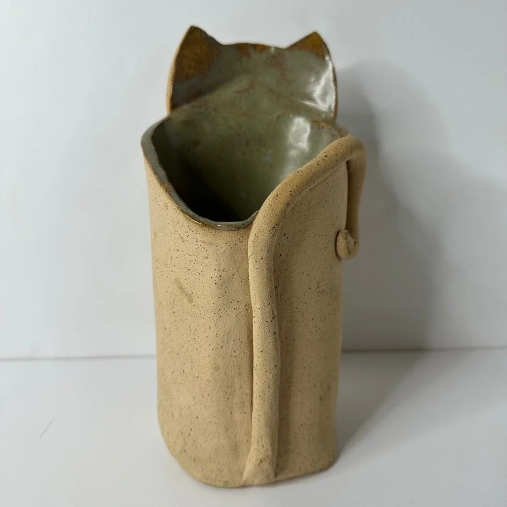 Vintage Studio Pottery Cat Vase Folk Art Stoneware Feline Figurine 9